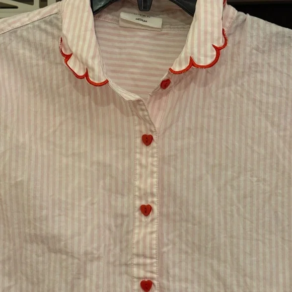 LAKE pajamas Medium M pink striped pj top red piping heart buttons - Picture 5 of 5